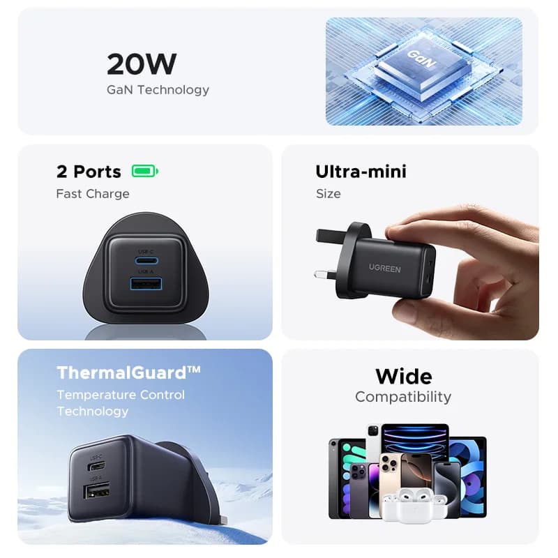GaN zidni punjač 20W USB-C, US utičnica